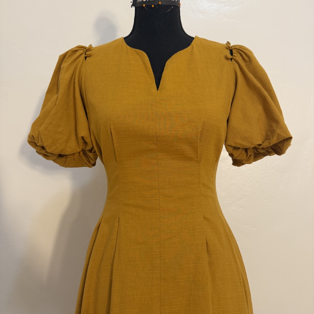 Elegant Mustard Puff Sleeve Dress - Picture 5 of 12
